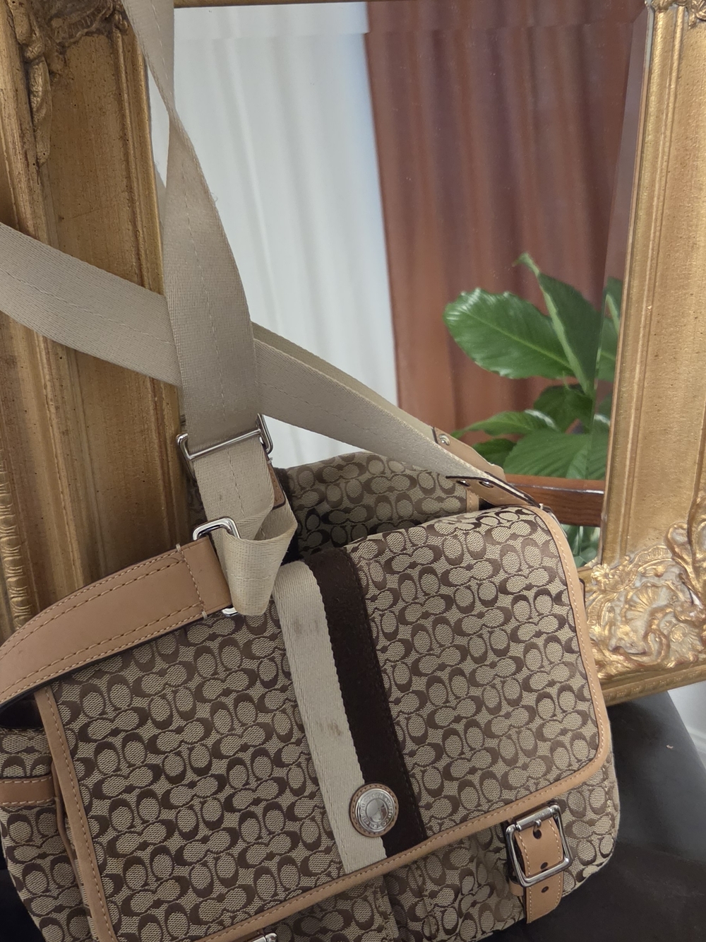 Coach Beige and Brown Signature Canvas Crossbody Bag